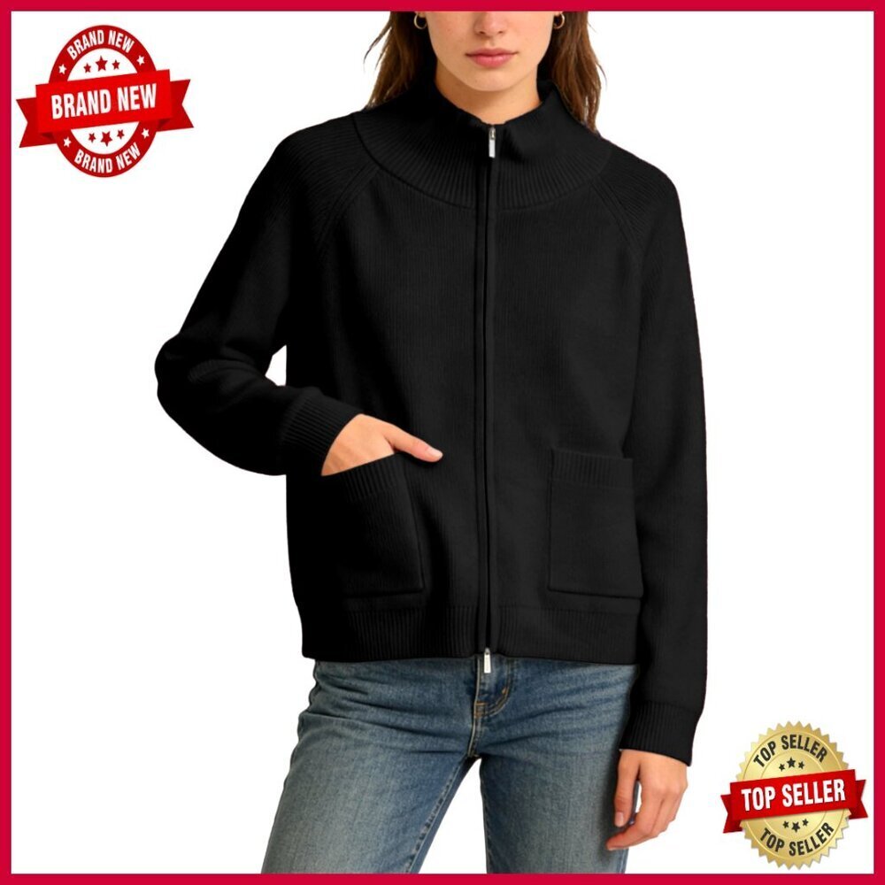 Ribbed Zipper Cardigan Sweater Long Sleeve High Neck Knit Jacket with Pockets